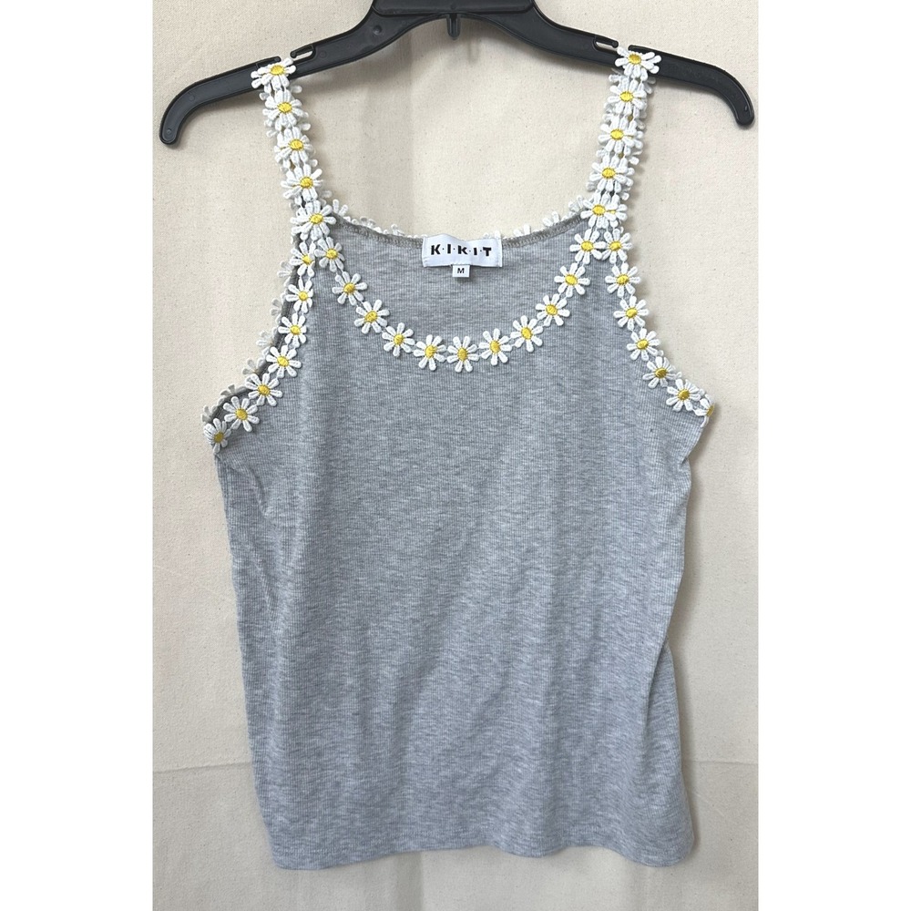 Y2K KIKIT‎ Boho Hippie Gray Ribbed Daisy Trim Tank Top Cami Sz M Cottage Cabin